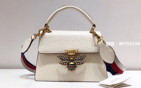 Gucci古驰  Queen Margaret 玛格丽特皇后系列白色鸵鸟纹蜜蜂锁扣手提包