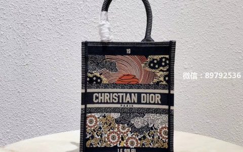 Dior迪奥 Mini book tote竖版塔罗牌 深蓝圆环刺绣购物手提袋