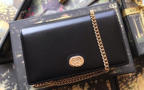 Gucci古驰 598549 黑色复古织纹皮革拉链内袋时尚金属链条卡包式钱包